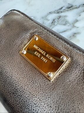 Michael Kors Metallic Pewter Leather Zip Around Wristlet Wallet Gold Hardware